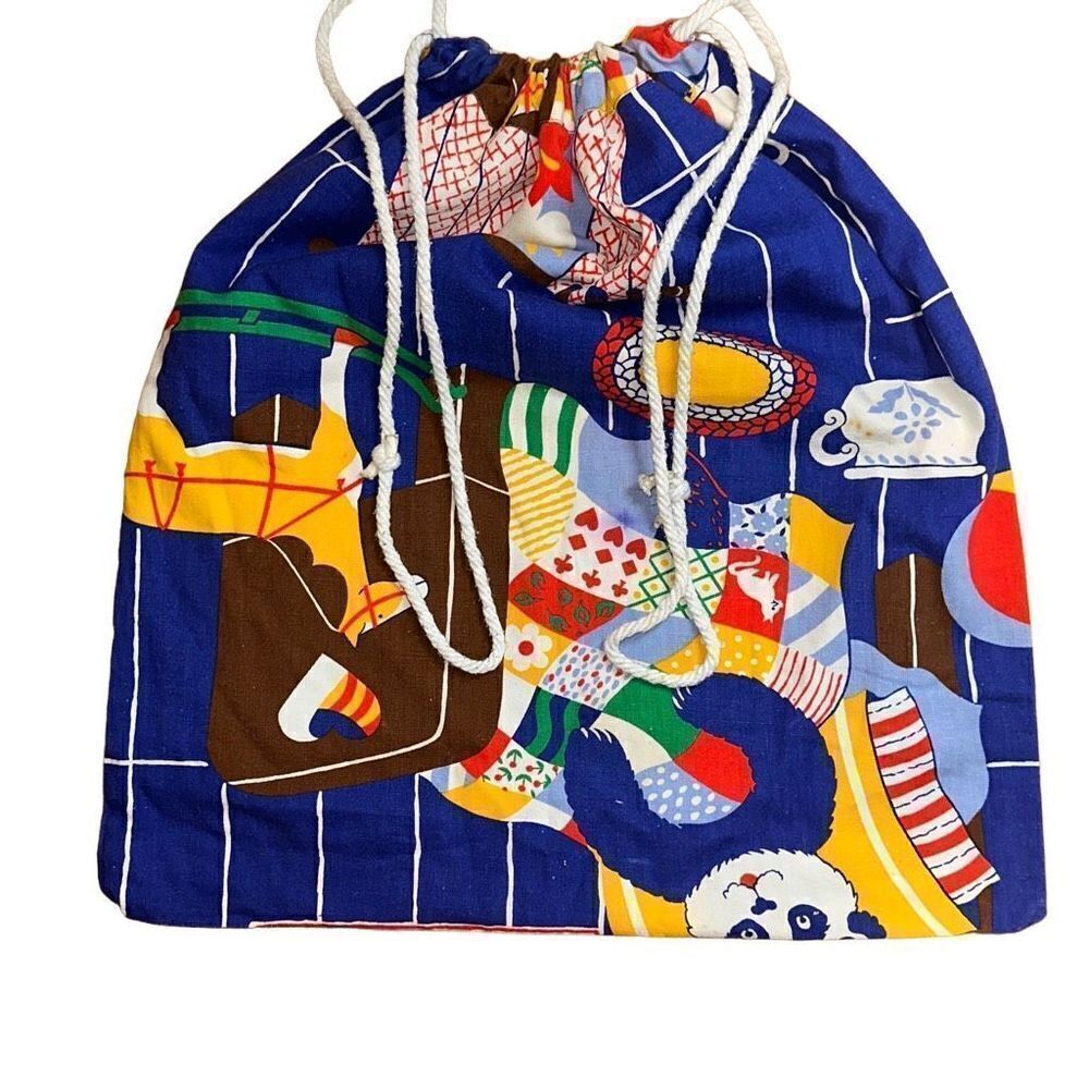 Vintage handmade drawstring bag for gym, laundry, purse, tote 70’s fabric panda
